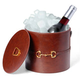 Brown faux leather ice bucket with lid opened, gold-tone buckle latch and handle.
