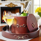 Faux leather ice bucket with lid partially open, gold-tone chain latch, wine cooler set.