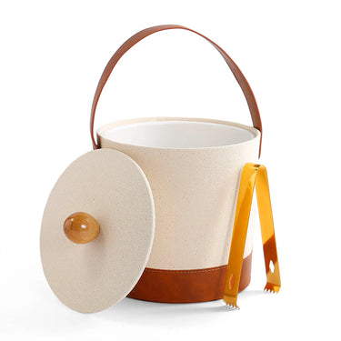 Canvas ice bucket with faux leather base, round lid, wooden knob, and carrying handle.