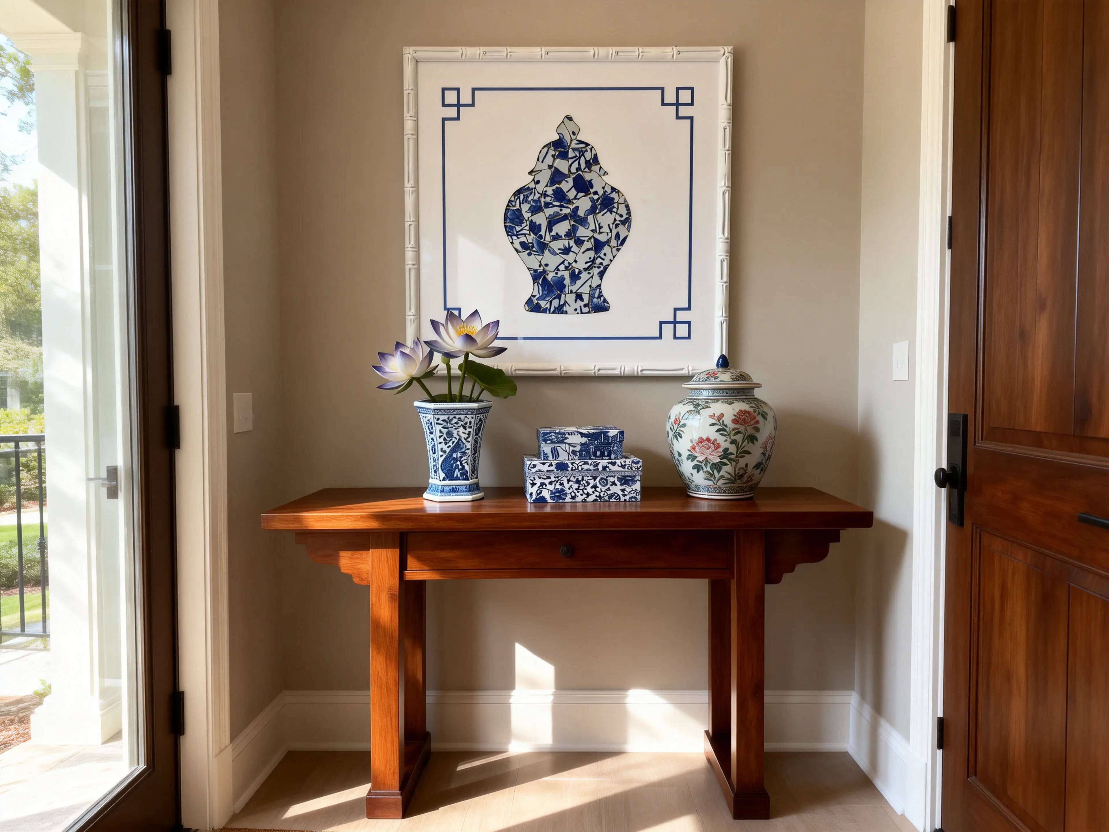 3. Front view of blue and white Temple Jar mosaic wall art in a white frame
