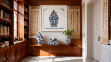 Front view of blue and white ceramic mosaic wall art in a white frame