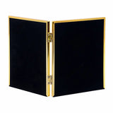 Open hinged double photo frame with dark faux leather sides and gold hinge, two openings