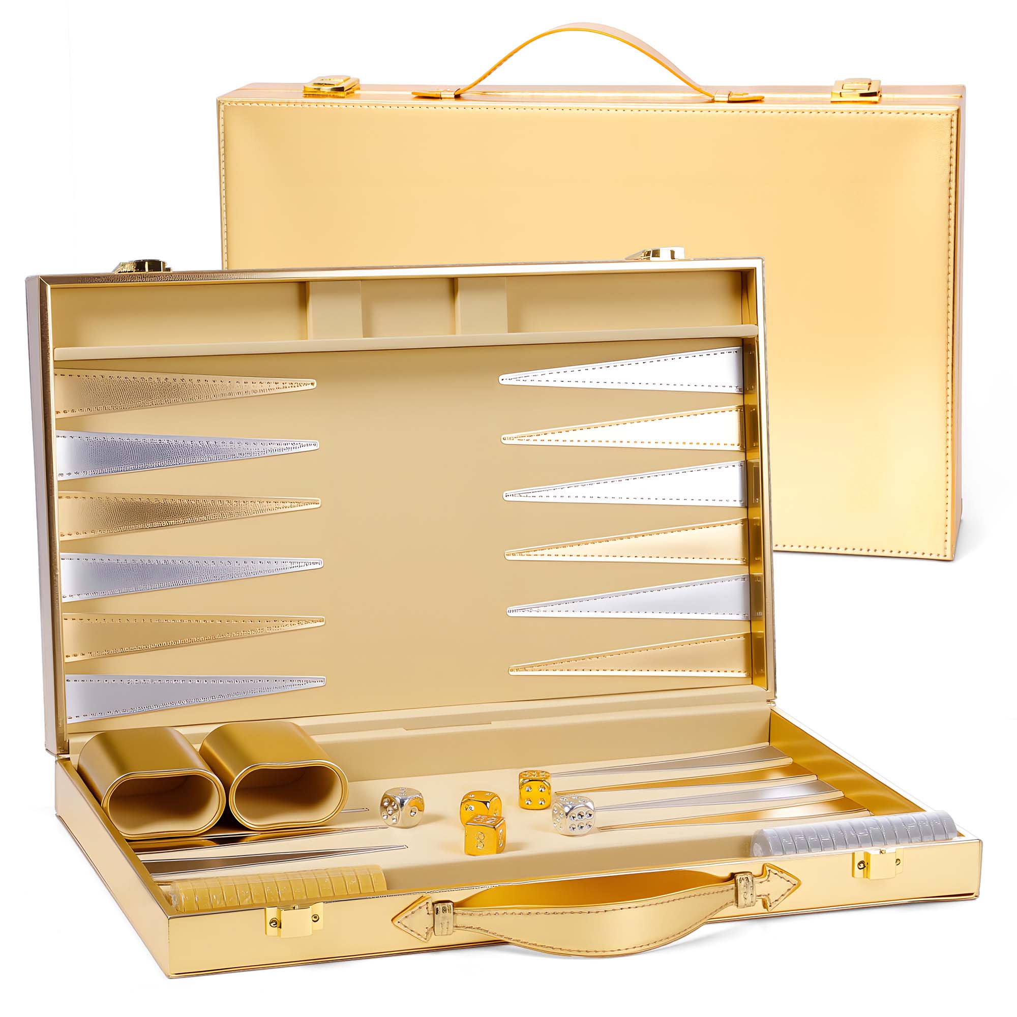 Gold color backgammon set with matching gold dice cups and metallic gold and silver dices