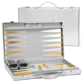 Silver color backgammon set with matching silver dice cups and metallic gold and silver dices