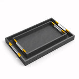 Set of 2 dark faux shagreen trays with acrylic panels and gold bar handles