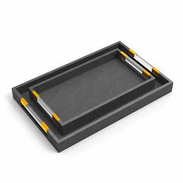 Set of 2 dark faux shagreen trays with acrylic panels and gold bar handles