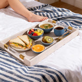 Handmade beige ottoman trays with clear acrylic sides and gold accents