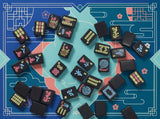 Close-up of black American mahjong tiles with colorful engraved dots, bams, craks and Jokers