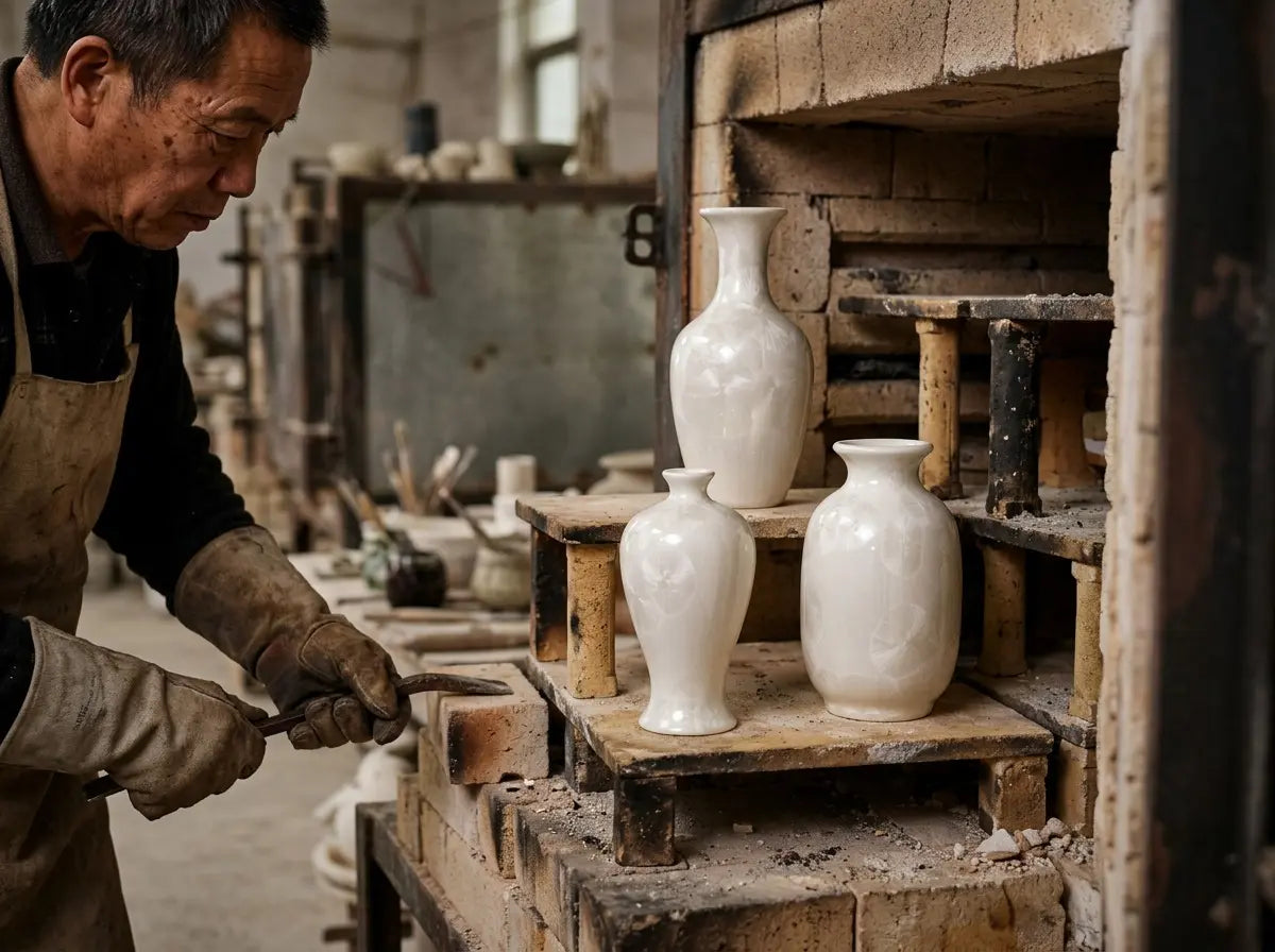 Finished crystalline glaze mini vases revealed together inside a Jingdezhen porcelain kiln