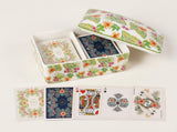 custom court cards and cockatoo Jokers from the Palm Garden ivory and navy playing card decks