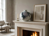 expressive green vines, golden accents and visible hand-painted brushwork on the porcelain vase fireplace interior