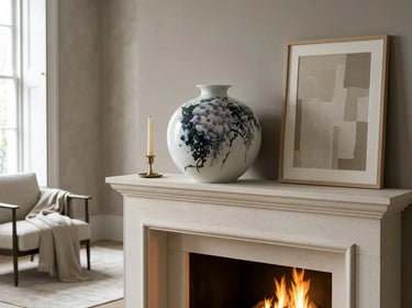 expressive green vines, golden accents and visible hand-painted brushwork on the porcelain vase fireplace interior