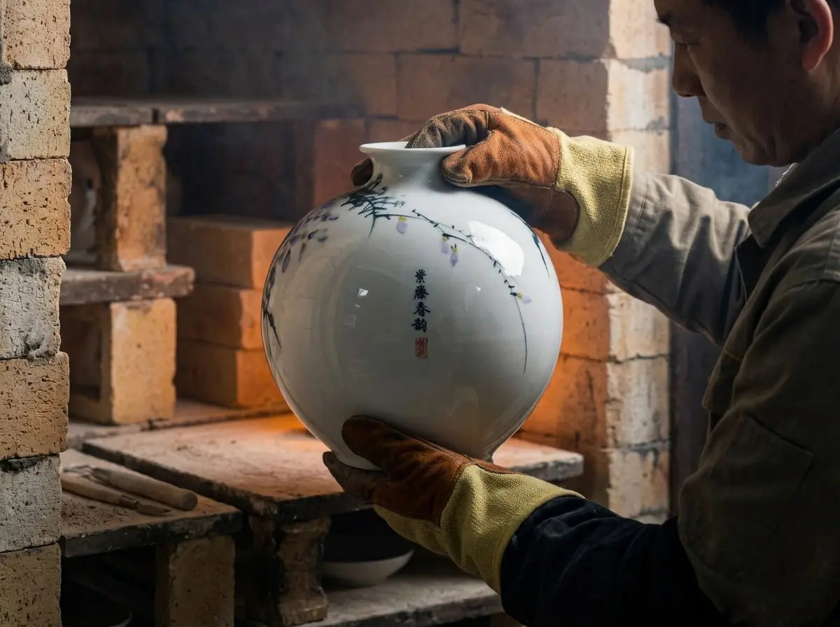 Hand-painted porcelain globe vase with blue floral motif and round shape