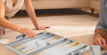  backgammon set with matching silver dice cups and metallic gold and silver dices