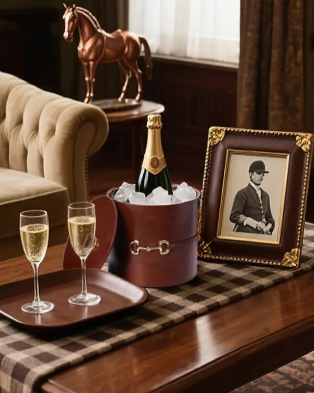 Equestrian-inspired home décor featuring stylish picture frames, trays, and accessories in brown vegan leather with metal accents. Perfect for adding a rustic, yet modern touch to any living space.