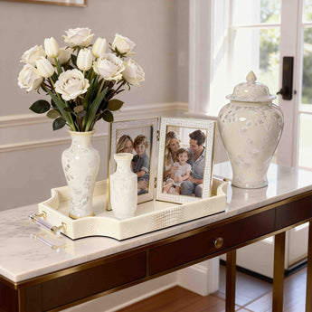 Crystalline home décor gift set with decorative tray, two ceramic vases, ginger jar, and photo frame