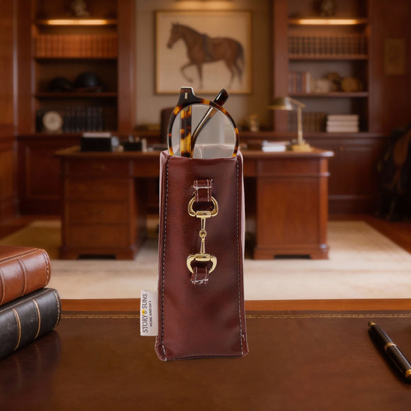 Vegan Leather Eyeglass Holder Stand with Equestrian Golden Accent