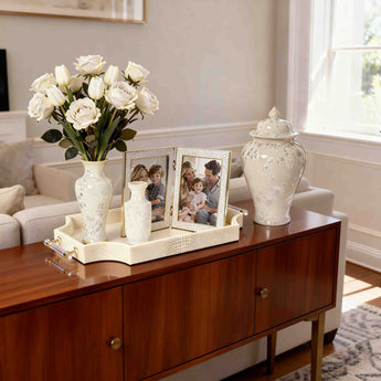 Luxury crystalline home gift set including tray, vases, ginger jar, and photo frame on a styled table