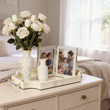 Crystalline decorative set with brown tray, patterned vases, ginger jar, and photo frame for living room display