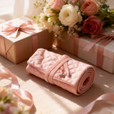 Soft fabric jewelry roll bag with velvet drawstring and heart charm