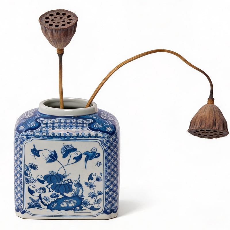 Hand-Painted Blue &amp; White Birds &amp; Flowers Porcelain Jar with Lid – Artisan Decorative Accent