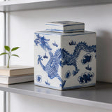 Blue and white dragon porcelain jar used as an elegant home decor accent