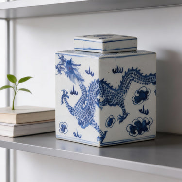 Blue and white dragon porcelain jar used as an elegant home decor accent
