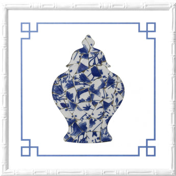 Framed Chinoiserie wall décor featuring a lidded blue and white temple
