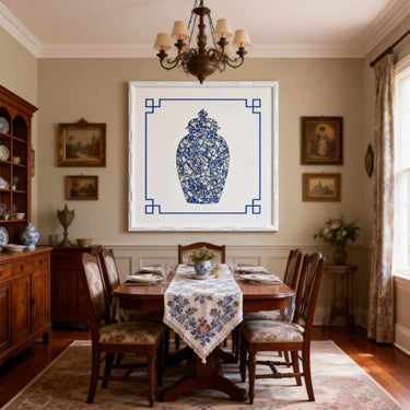  blue and white ceramic mosaic wall art in a white frame dinning room
