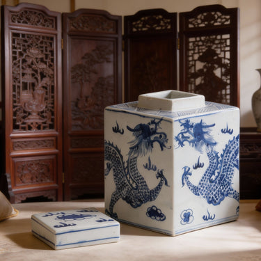 hand-painted dragon details on artisan blue and white porcelain jar