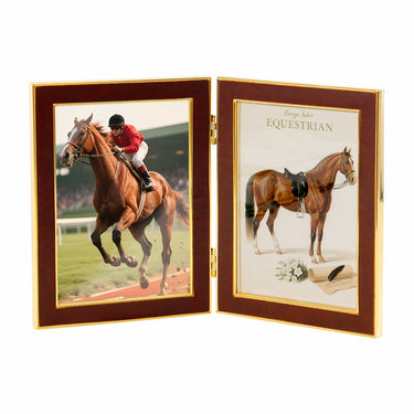 Brown faux leather double picture frame with elegant metal trim detail
