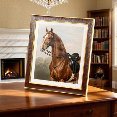 Brown faux leather 8x10 picture frame with refined metal edge detail