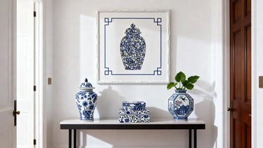 blue and white ginger jar wall art console