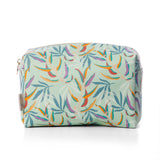 Pale green vegan leather cosmetic bag with leaf pattern design