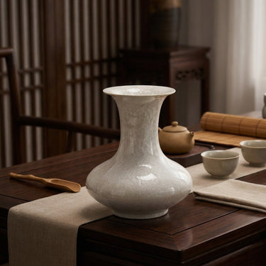 Side view of handcrafted crystalline flat-belly vase showing dynamic glaze patterns