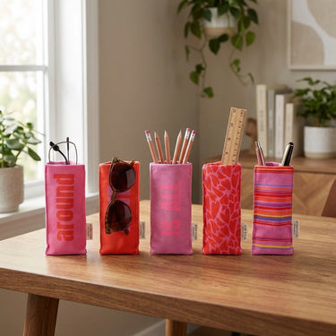 Multi-purpose fabric glasses holder used as a desk organizer for pencils and rulers, modern home office accessory by Story&Suns