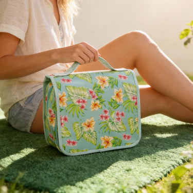 Hanging toiletry bag with floral print and waterproof compartments