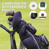 Black faux leather golf accessories pouch with silver zipper and clip for golf bag