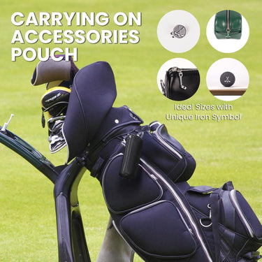 Black faux leather golf accessories pouch with silver zipper and clip for golf bag