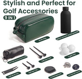 Complete golf tools set including golf balls, tees, divot tool, brush and ball marker