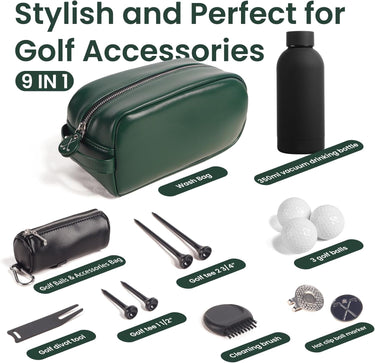 Complete golf tools set including golf balls, tees, divot tool, brush and ball marker