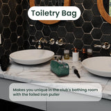 Green faux leather golf carry bag with gold zipper and silver foil golf logo