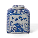 Hand-painted blue and white porcelain jar with traditional birds and flowers pattern