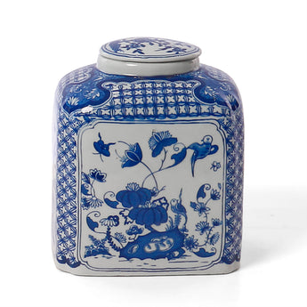 Hand-painted blue and white porcelain jar with traditional birds and flowers pattern