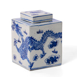 Hand-painted blue and white porcelain jar with traditional Chinese dragon motif and lid