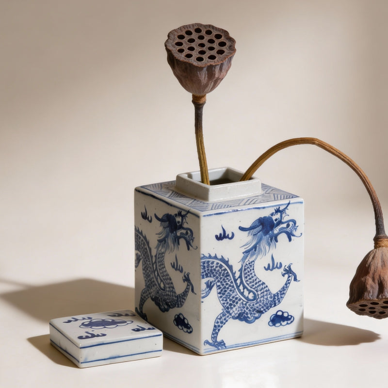 Hand-Painted Blue & White Dragon Jar with Lid – Artisan Chinese Porcelain Decorative Accent
