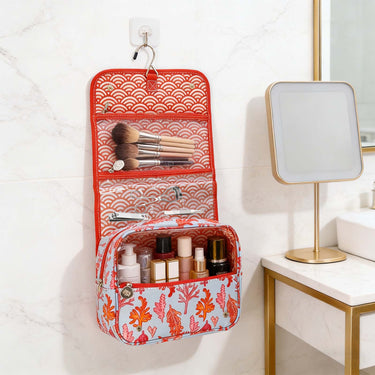 Ladies coral pattern hanging makeup organizer with clear pockets