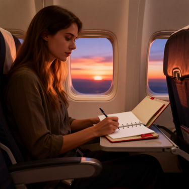 Travel notebook wallet on a café table, used for jotting down ideas