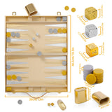 Backgammon set with gold outer case and matching gold dice cups with metallic dices