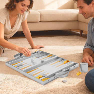 Luxury silver backgammon game set featuring metallic gold and silver dices and a silver outer case